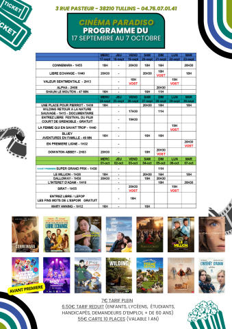 Programme cinéma du 17/09 au 7/10/2025